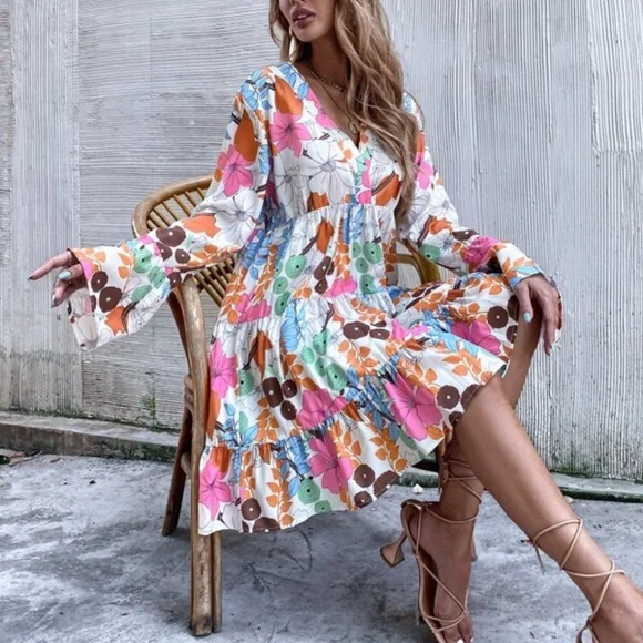 Boho Pink Floral Print Smock Ruffle Mini Dress - Picture 2 of 6